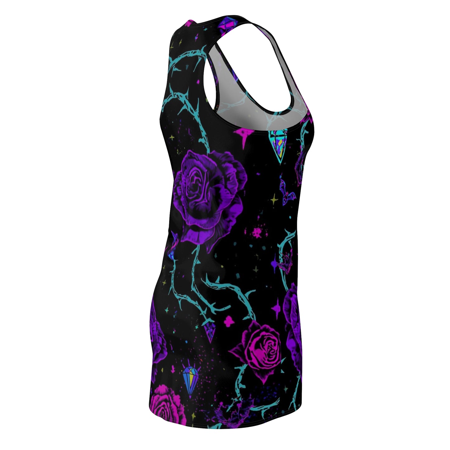 Purple Neon Rose Racerback Dress — Gothic Floral AOP Dress