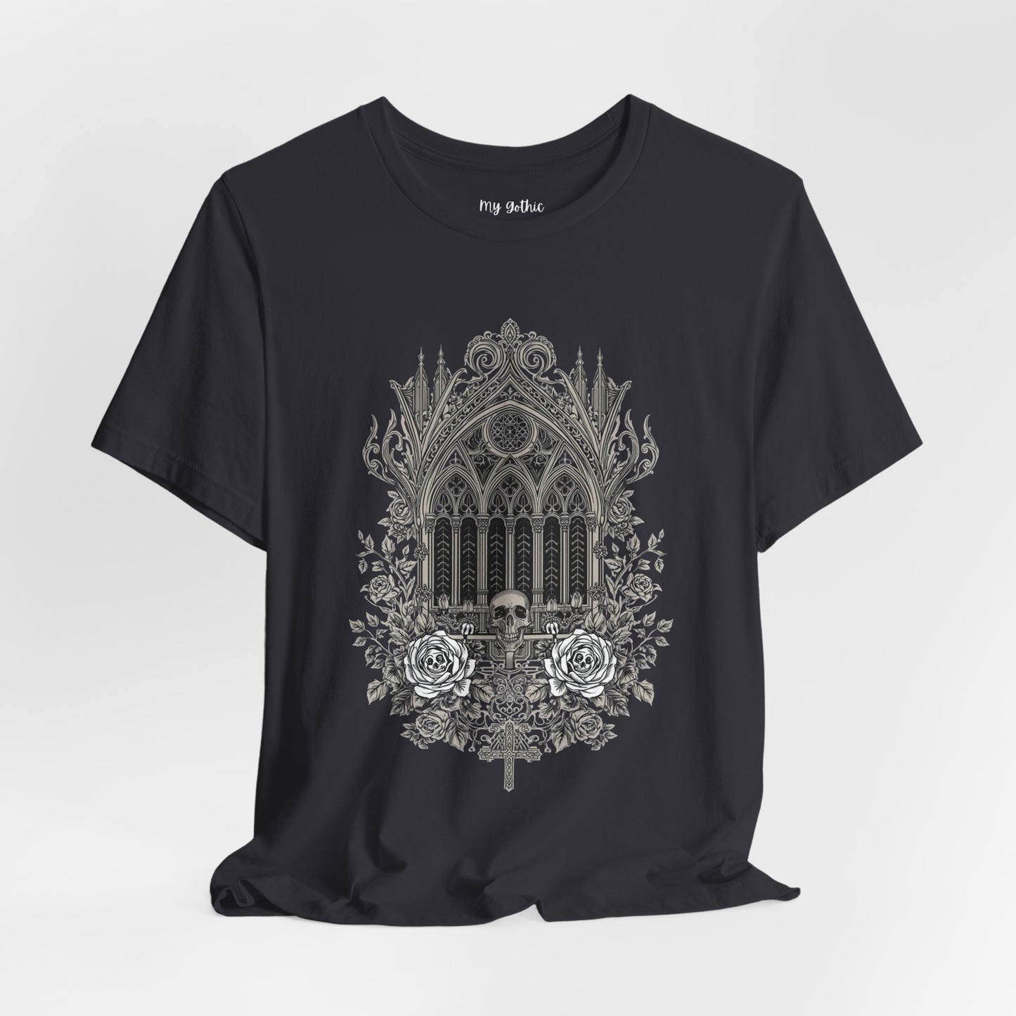 Gothic Cathedral Floral Tee — Intricate Rose Window Graphic T-Shirt