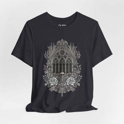Gothic Cathedral Floral Tee — Intricate Rose Window Graphic T-Shirt