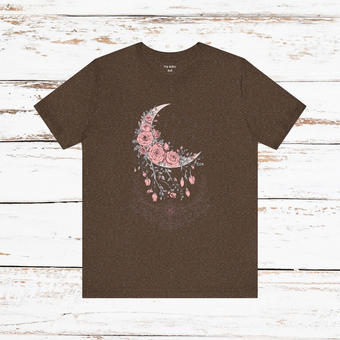 Celestial Goth Crescent Moon Tee with Dripping Florals – Mystic Graphic Art