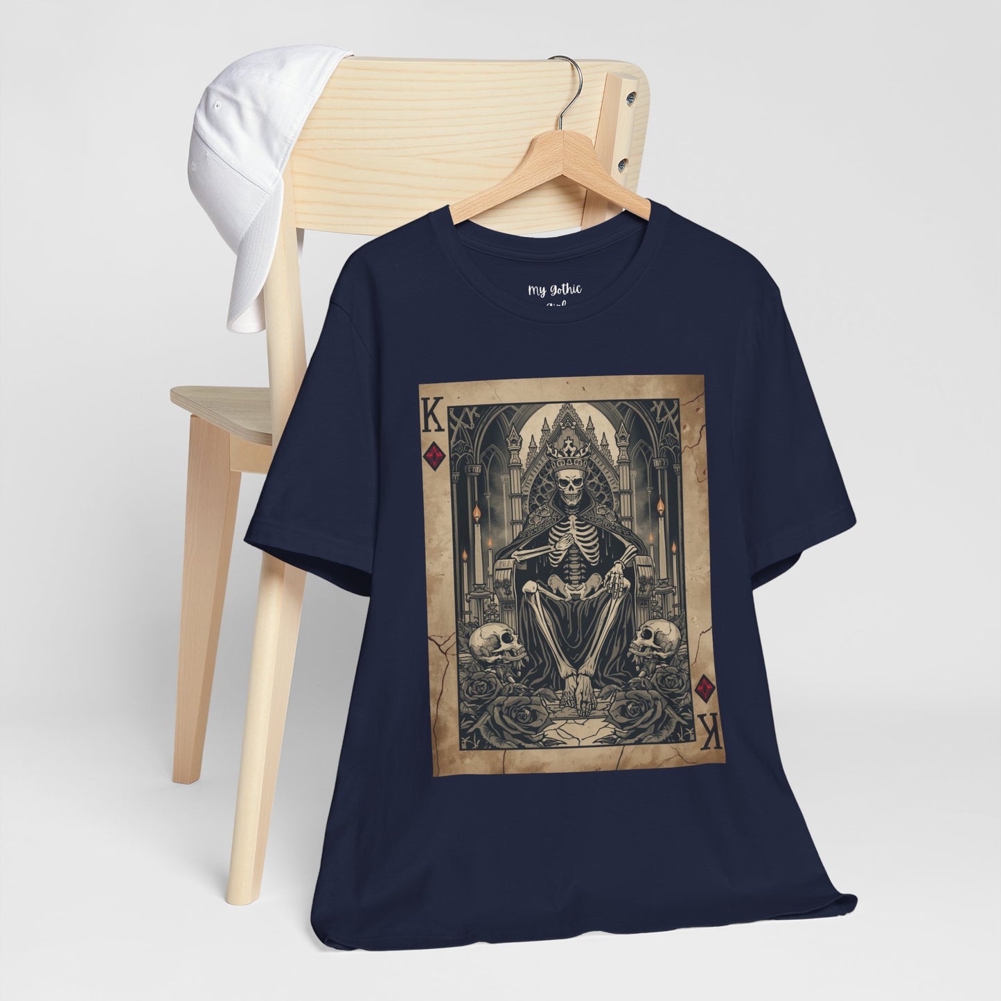 Skeleton King Playing Card Graphic Tee — Gothic Skull Throne T-Shirt