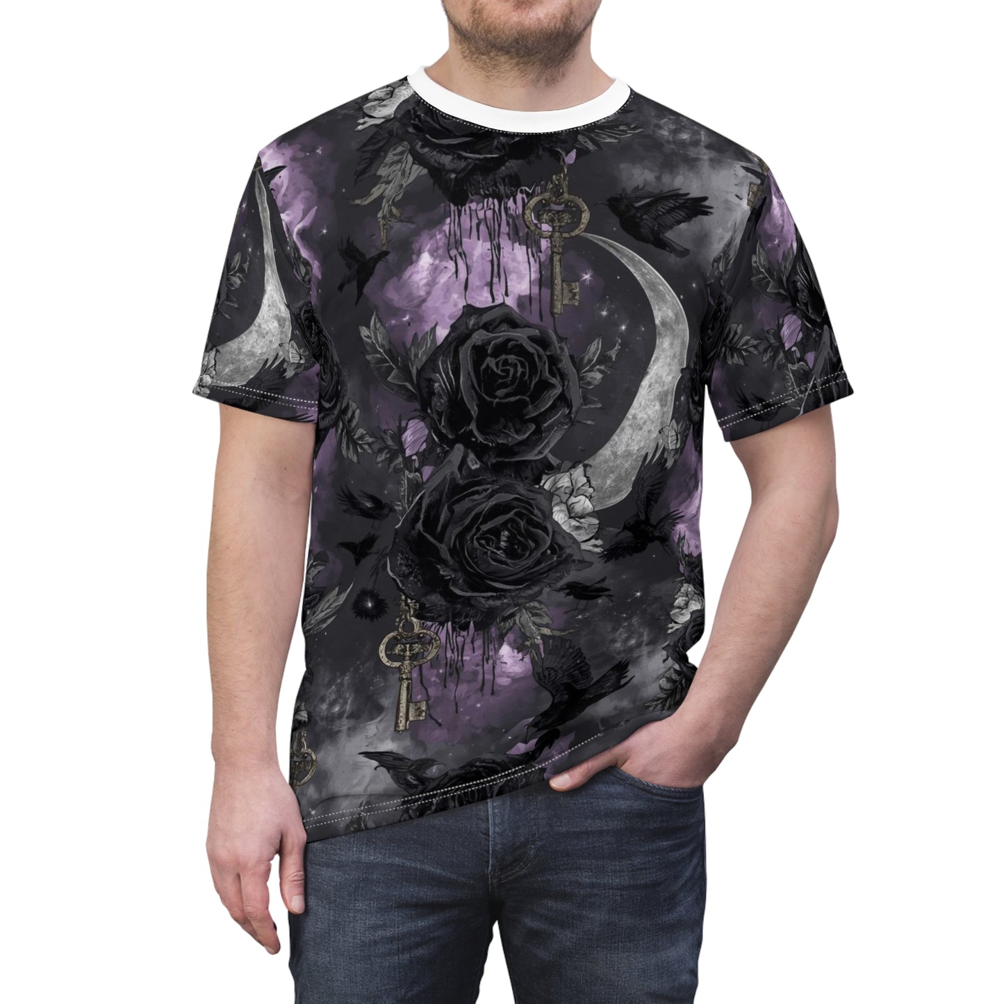 Gothic Moon & Roses Tee — Dark Floral Crescent Moon Keys All-Over Print