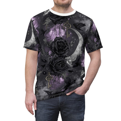 Gothic Moon & Roses Tee — Dark Floral Crescent Moon Keys All-Over Print
