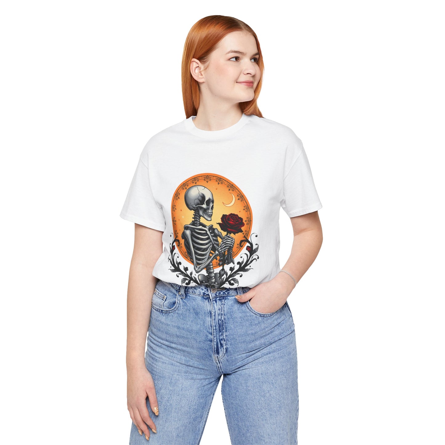 Mystical Gothic Skeleton and Black Rose Under Crescent Moon T-Shirt Design