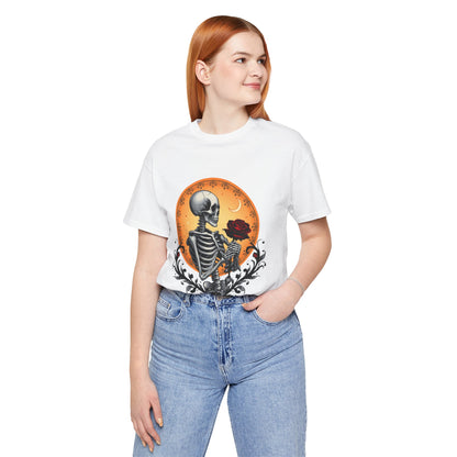 Mystical Gothic Skeleton and Black Rose Under Crescent Moon T-Shirt Design