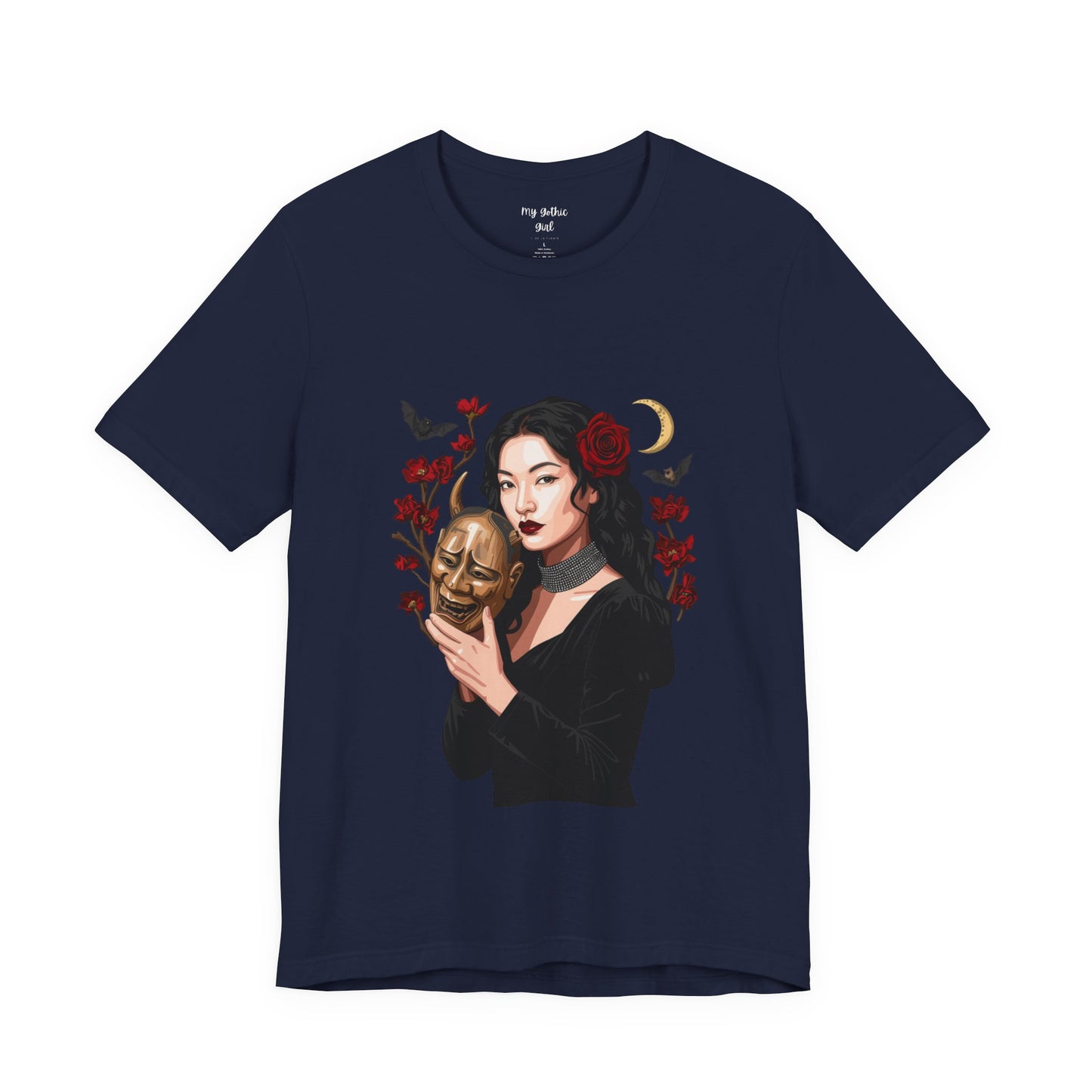Gothic Rose Maiden Tee — Woman with Mask & Crescent Moon Graphic T-Shirt