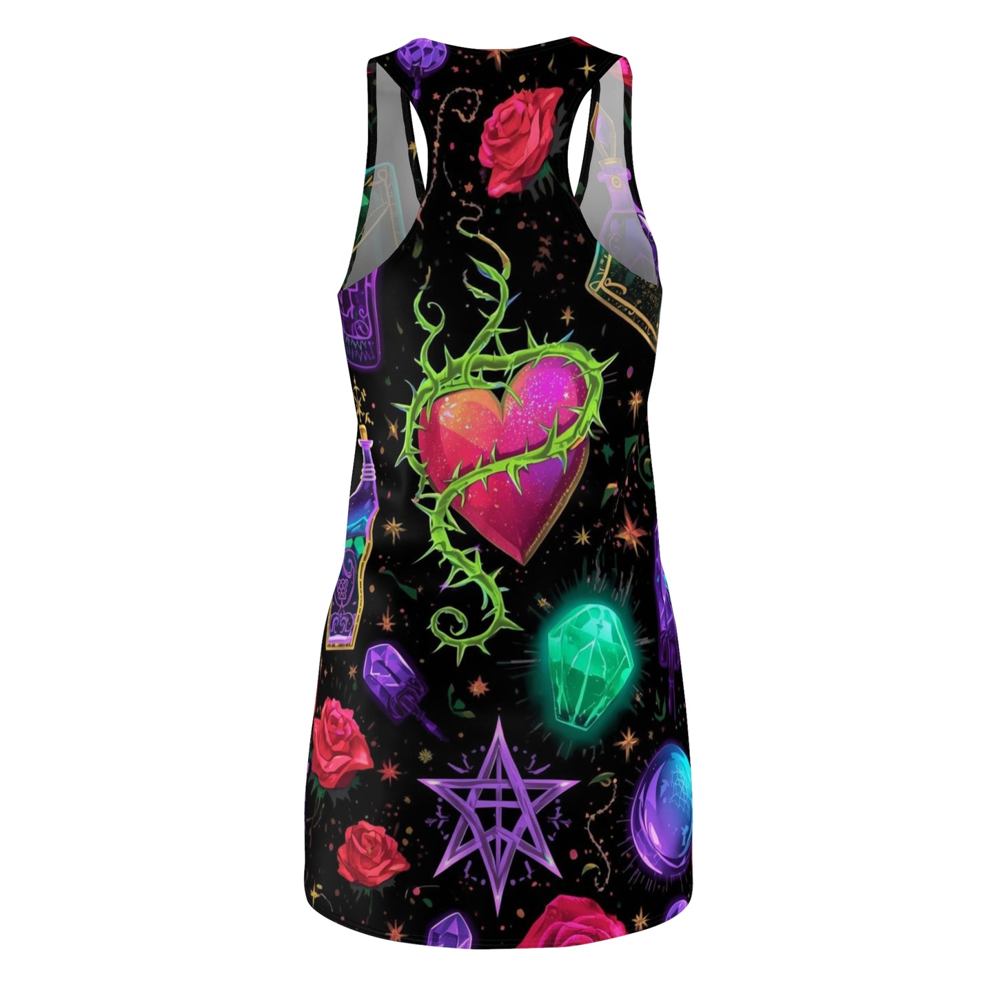 Mystic Heart Racerback Dress — Neon Witchy Potion & Crystal Print