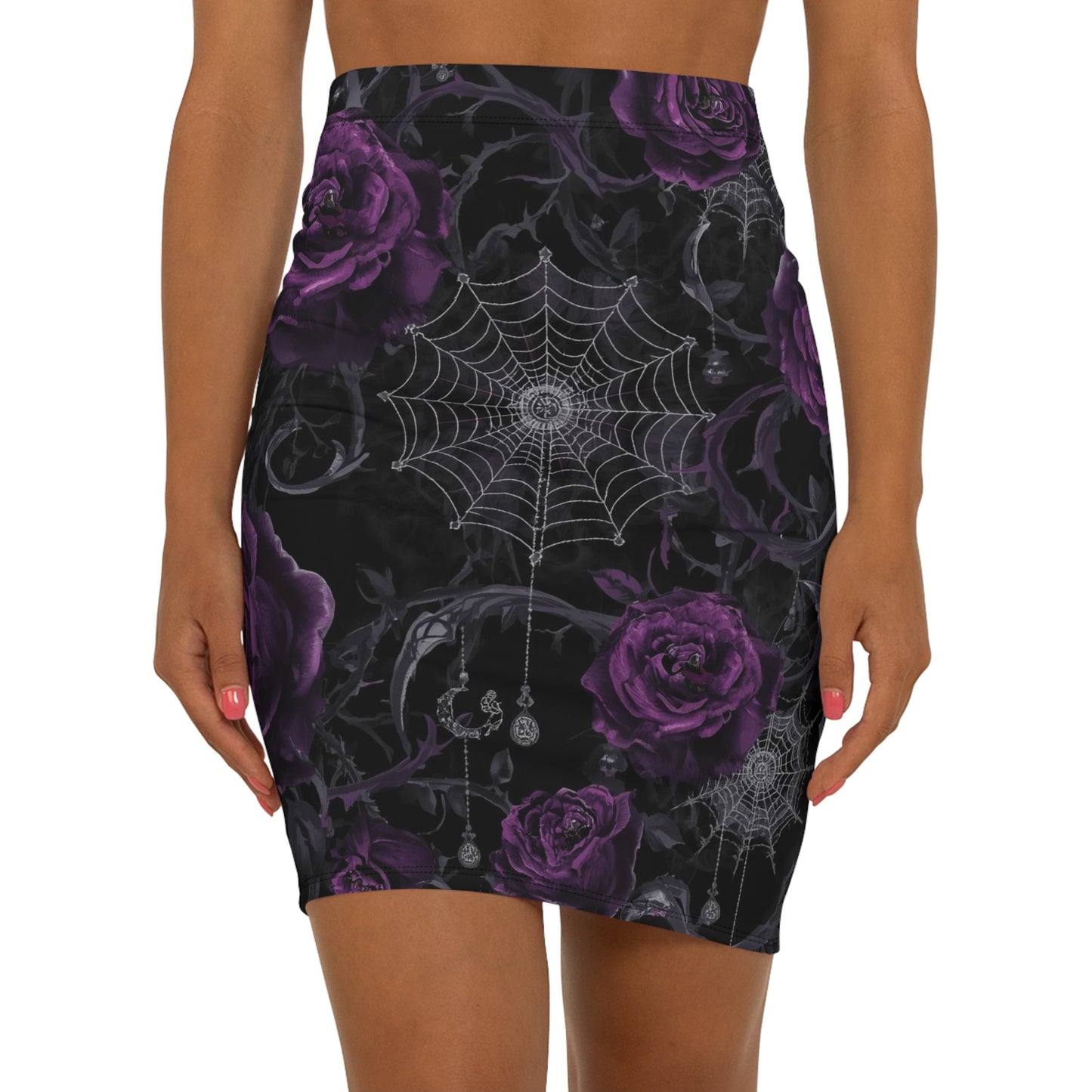 Purple Rose & Spiderweb Gothic Pencil Skirt — Women's Mid‑Waist Floral Print