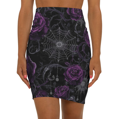 Purple Rose & Spiderweb Gothic Pencil Skirt — Women's Mid‑Waist Floral Print