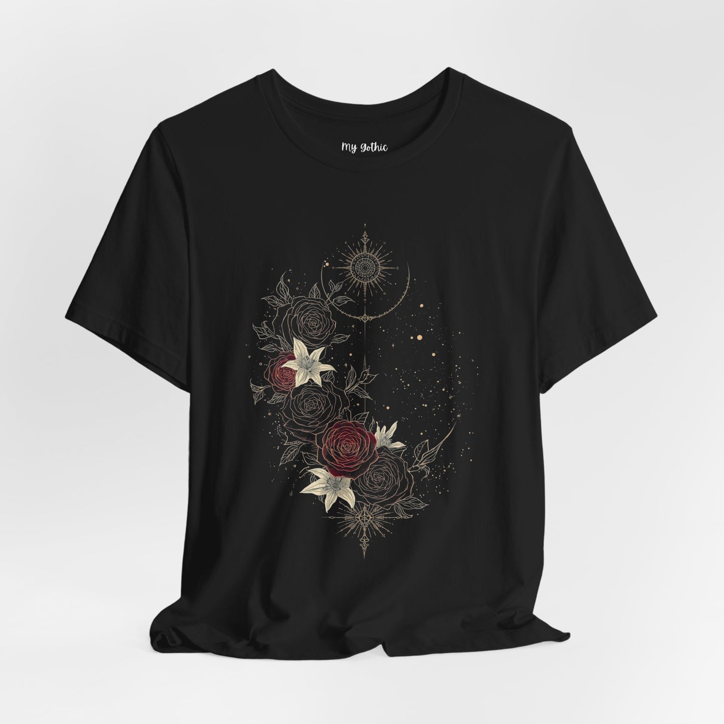 “Dark Floral Moon & Ornamental Geometry” T-Shirt Dark Floral Moon Ornamental Geometry Unisex Jersey Short Sleeve Tee