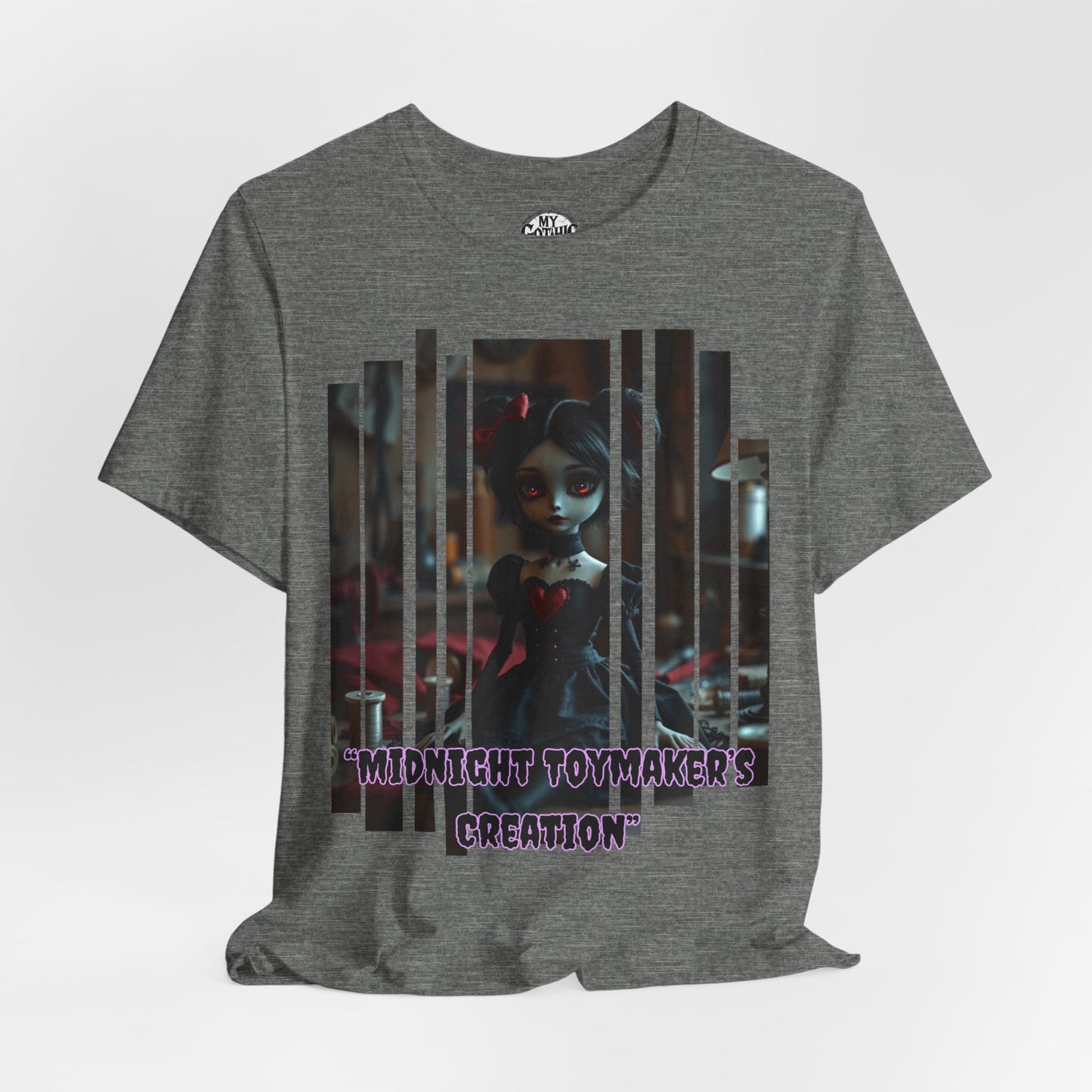 “Midnight Toy-maker's Creation” —hand-stitched Gothic doll Graphic T-Shirt – Alt Aesthetic Poetic Goth Street-wear