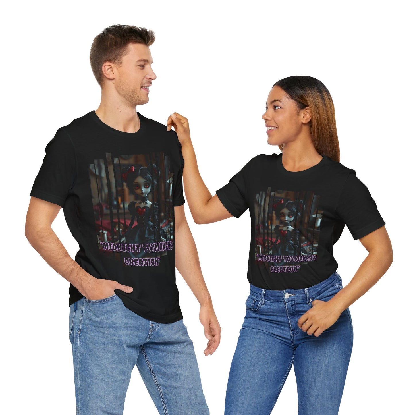 “Midnight Toy-maker's Creation” —hand-stitched Gothic doll Graphic T-Shirt – Alt Aesthetic Poetic Goth Street-wear