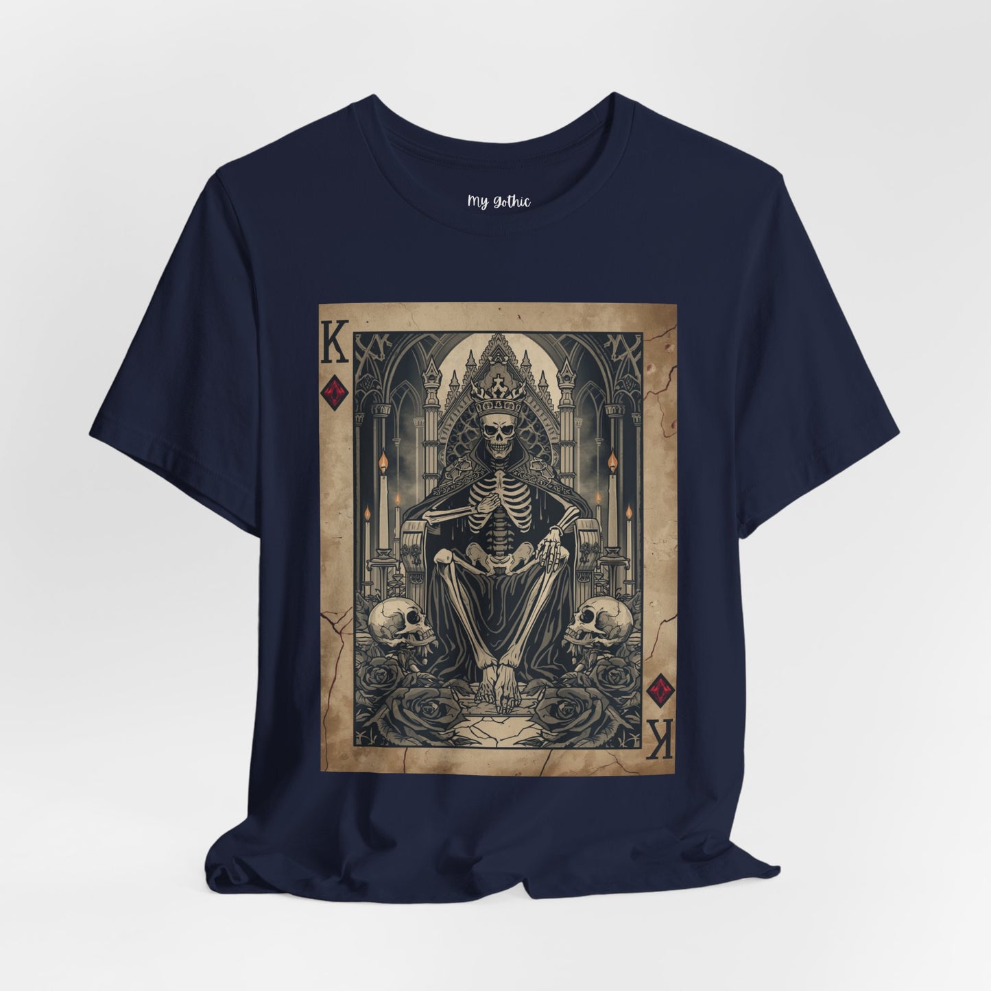 Skeleton King Playing Card Graphic Tee — Gothic Skull Throne T-Shirt