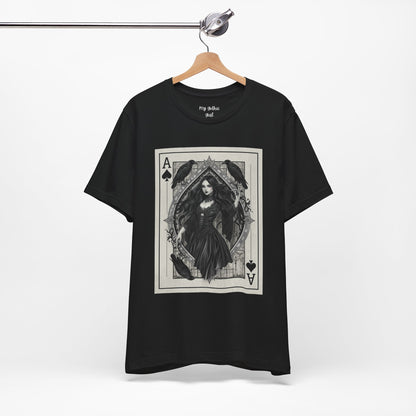 Ace of Spades Gothic Playing Card T‑Shirt — Dark Victorian Witch Illustration