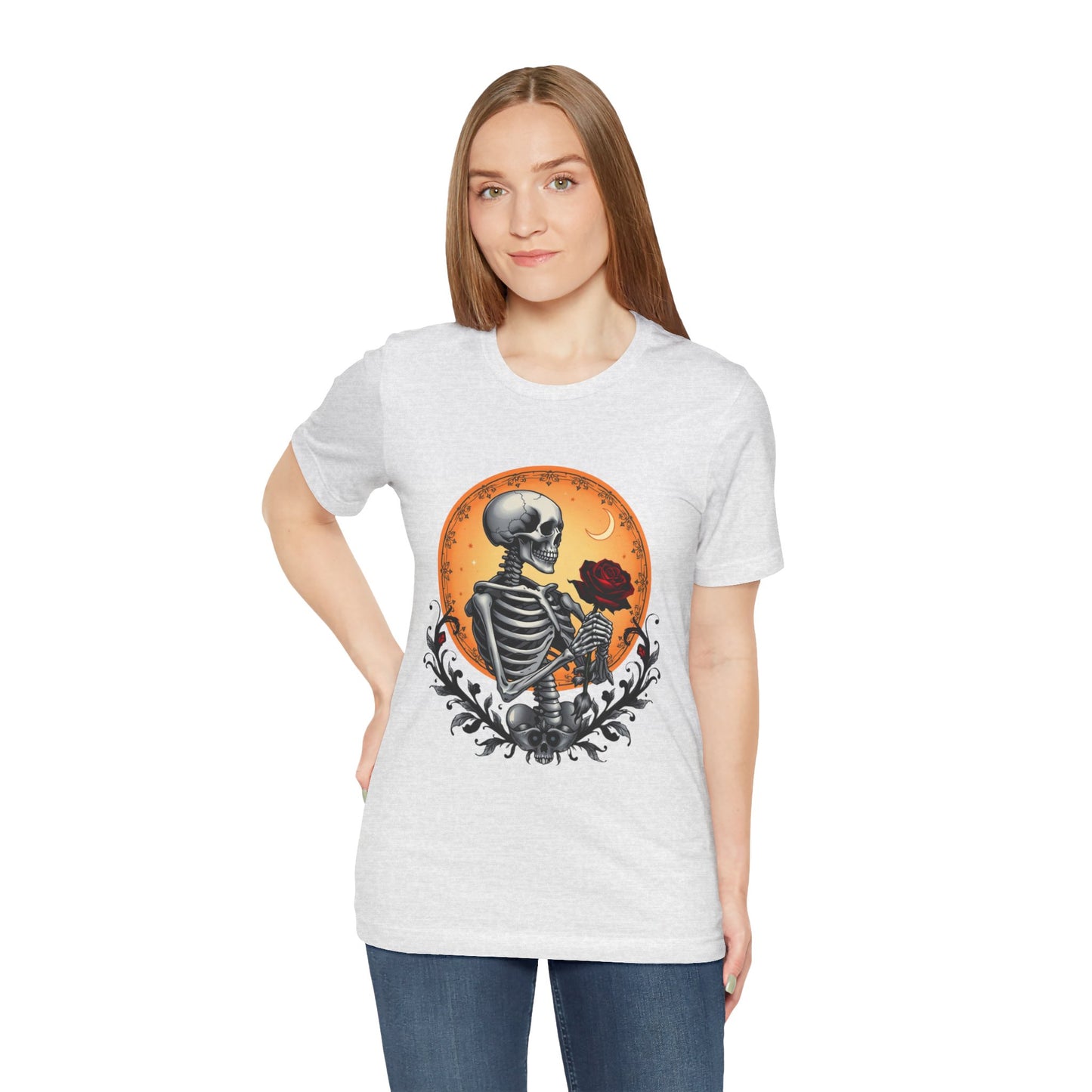 Mystical Gothic Skeleton and Black Rose Under Crescent Moon T-Shirt Design