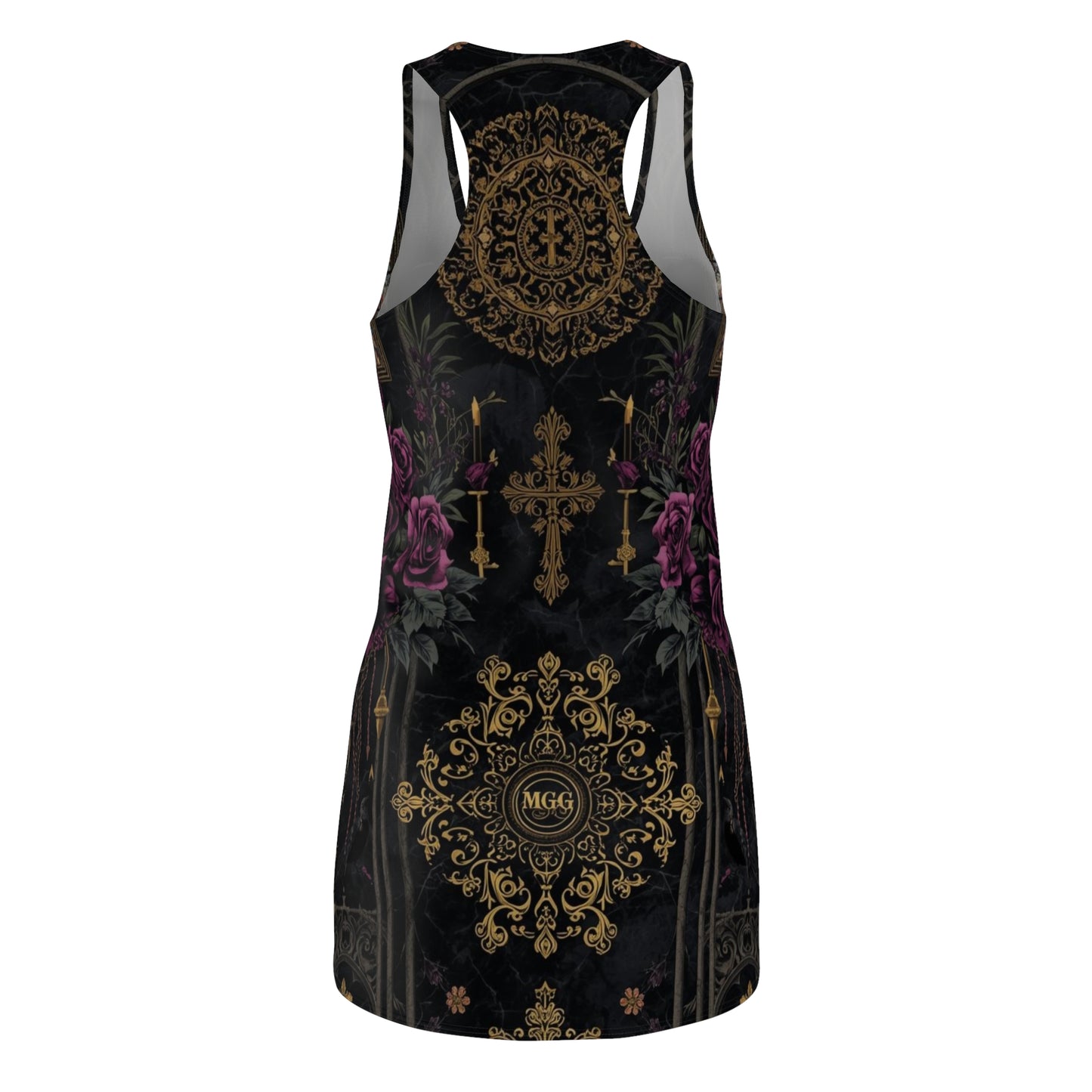 Gothic Rose Racerback Dress — Gold Cross & Velvet Floral AOP