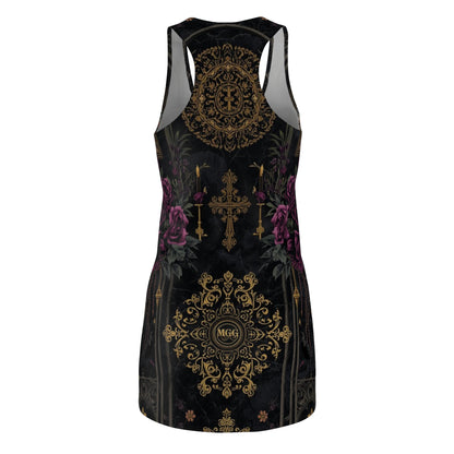 Gothic Rose Racerback Dress — Gold Cross & Velvet Floral AOP