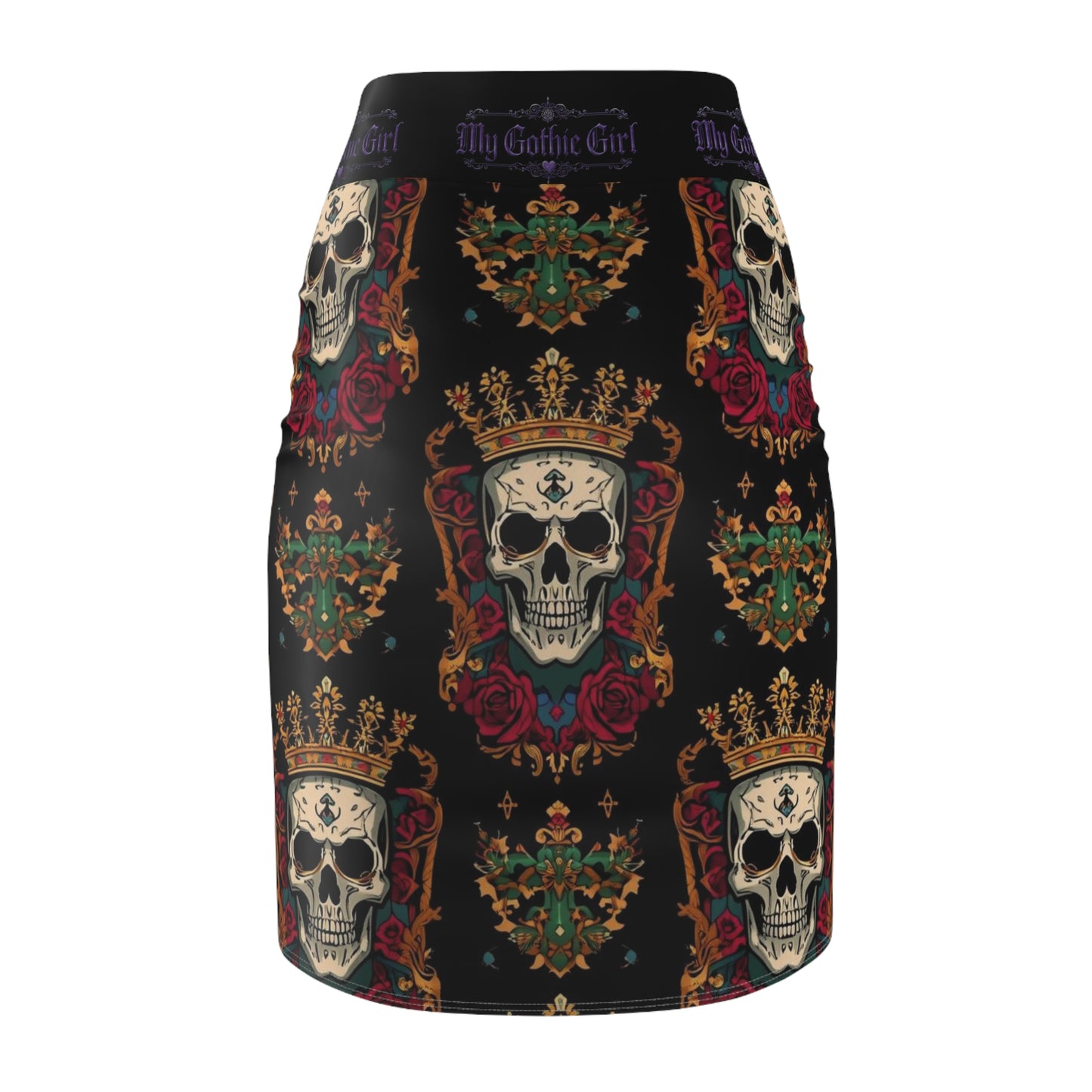 Gothic Skull Crown Pencil Skirt — “My Gothic Girl” Floral Day of the Dead Design