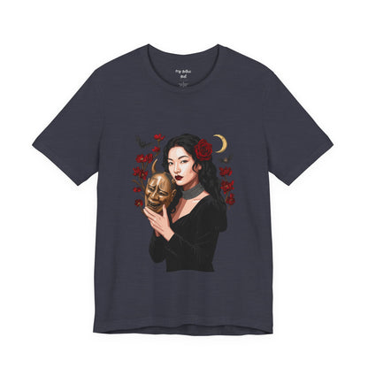 Gothic Rose Maiden Tee — Woman with Mask & Crescent Moon Graphic T-Shirt