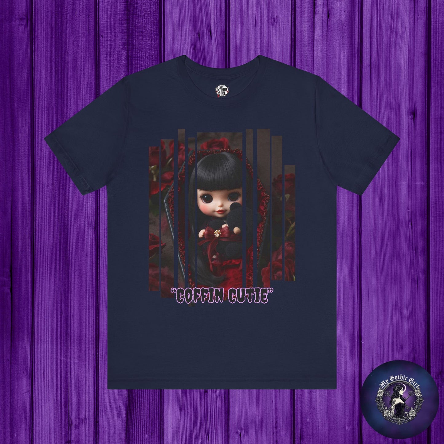 “Coffin Cutie” — cute Gothic doll peeking out from a small coffin Graphic T-Shirt – Alt Aesthetic Poetic Goth Street-wear