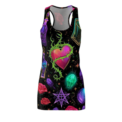 Mystic Heart Racerback Dress — Neon Witchy Potion & Crystal Print