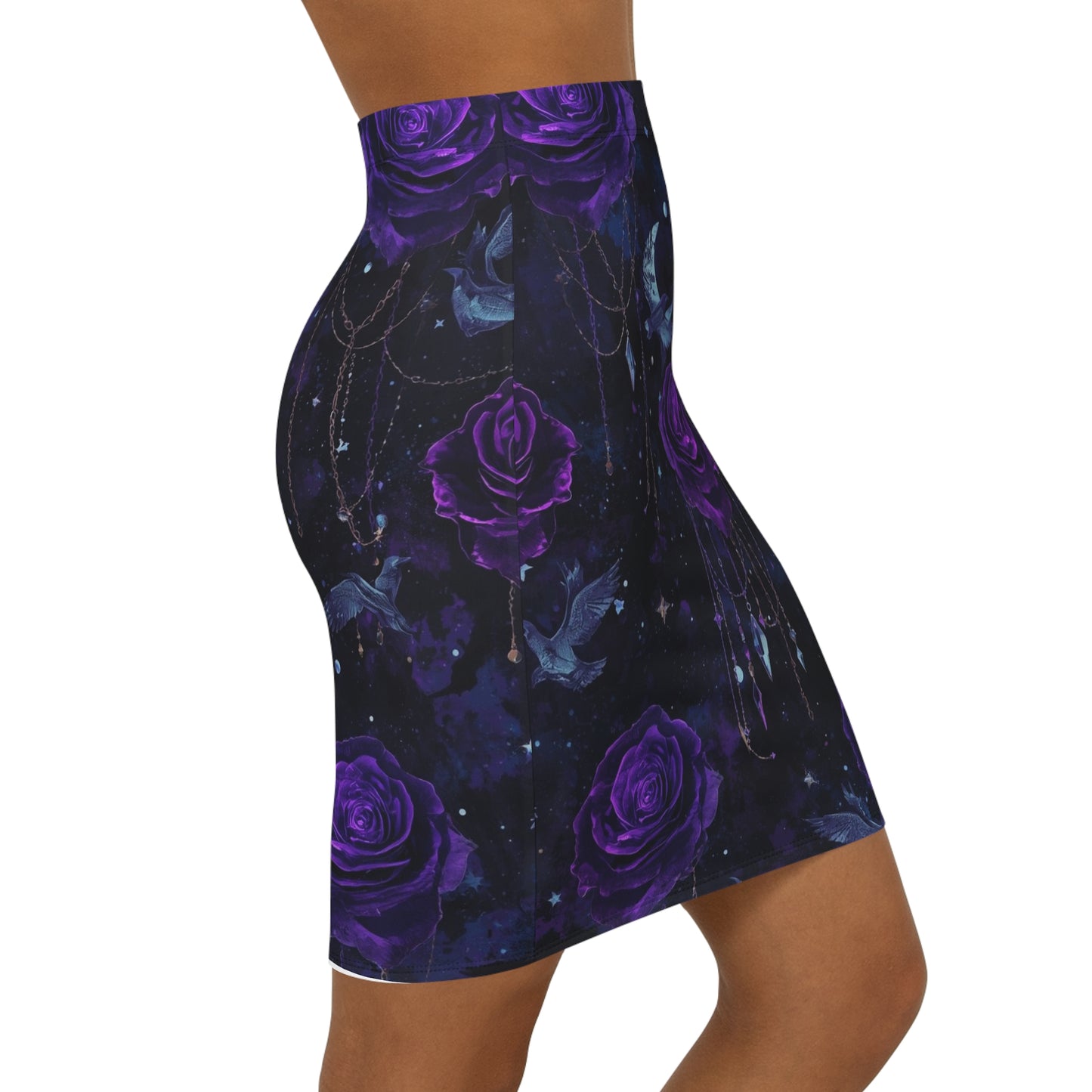 Purple Rose Moon Pencil Skirt — Gothic Floral Night Sky Midi