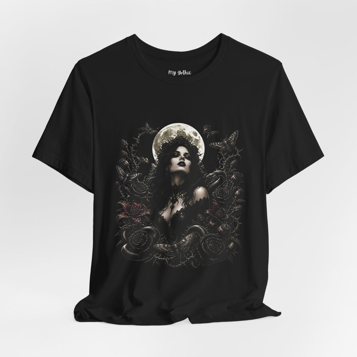 Copy of Gothic Moon Goddess Tee – Dark Floral Occult Graphic T-Shirt