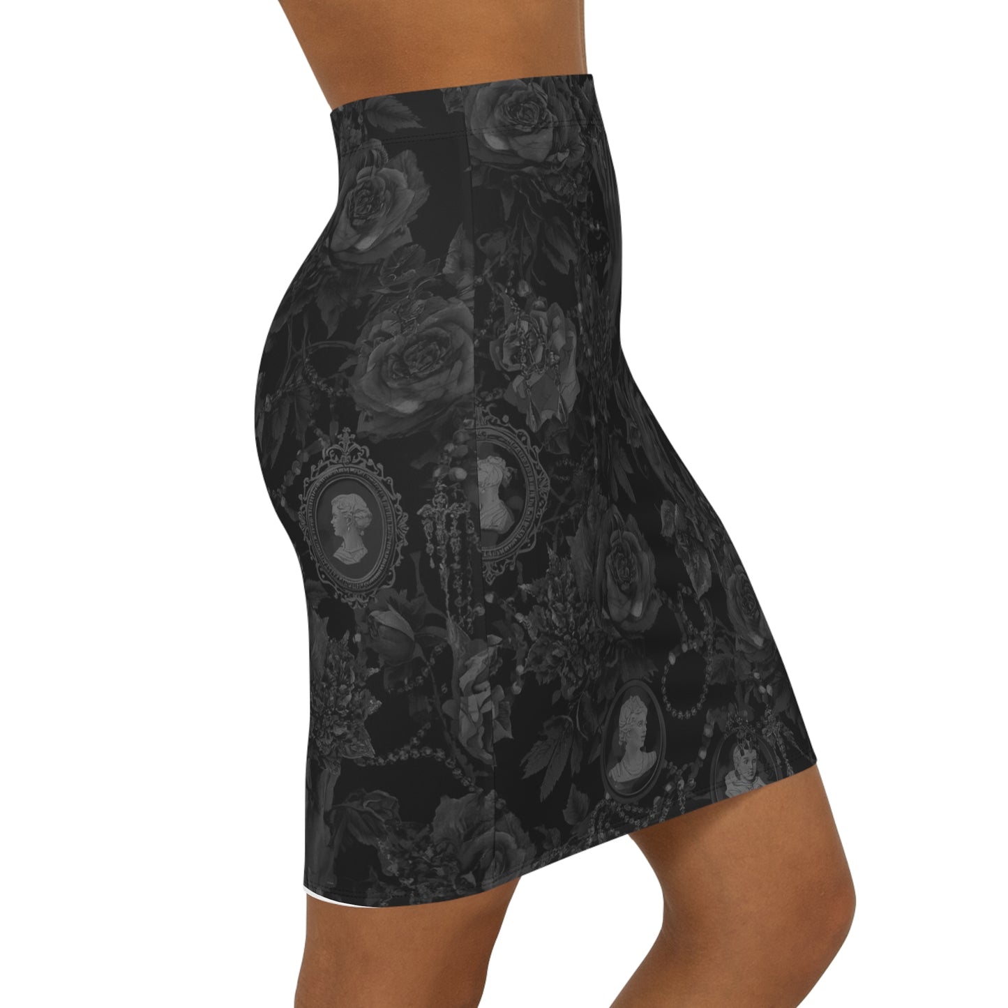 Gothic Cameo Floral Pencil Skirt — Black Victorian Rose Print