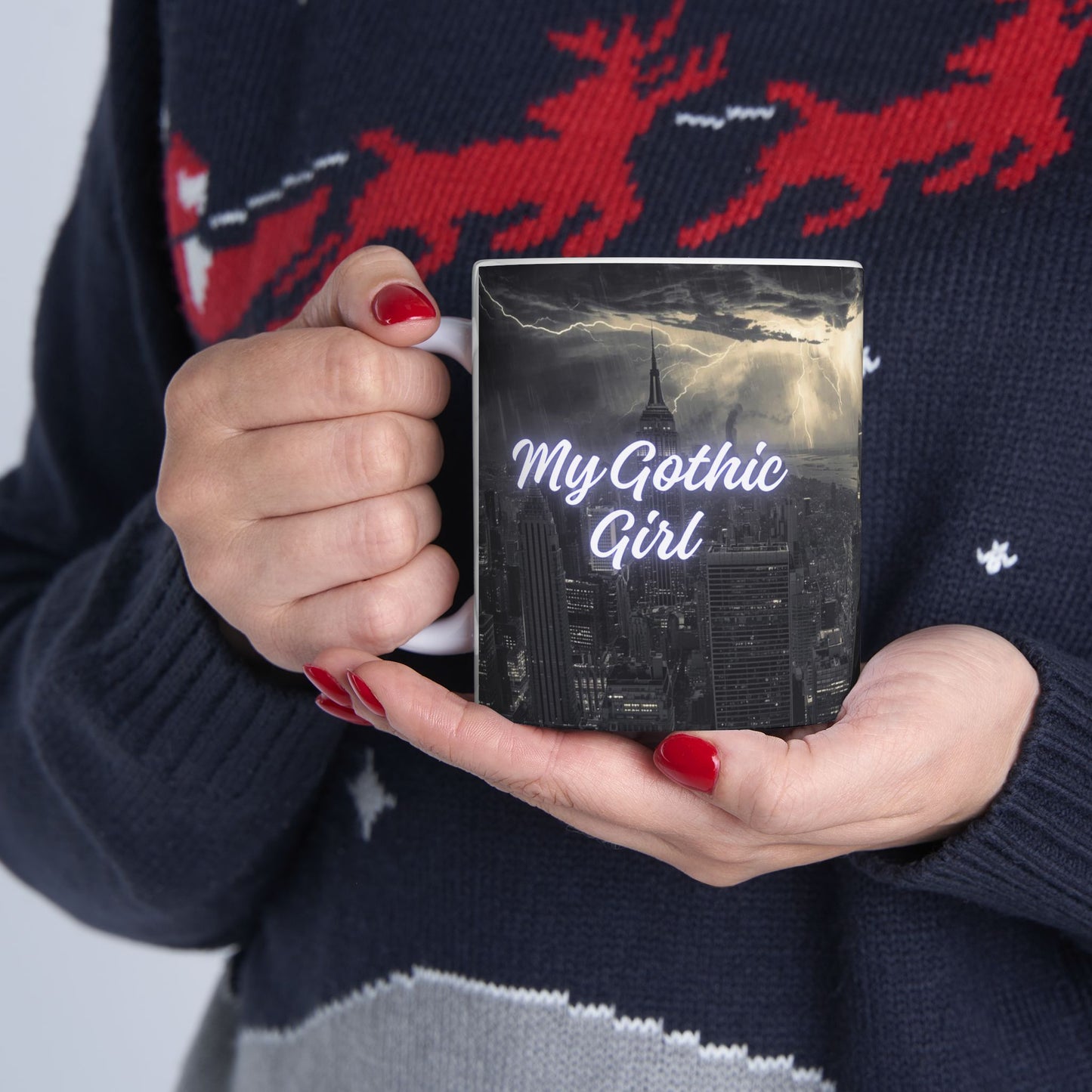 Gothic Angel Ceramic Mug — Moody Cityscape Memorial Coffee Cup (11oz/15oz)