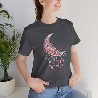 Celestial Goth Crescent Moon Tee with Dripping Florals – Mystic Graphic Art