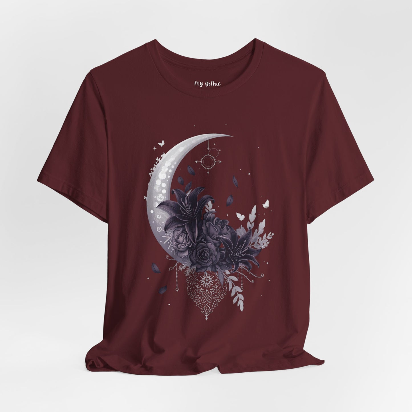 “Moonlit Bouquet & Sacred Soft Goth Symbol” Moonlit Bouquet Unisex Tee - Soft Goth Symbol Floral Design