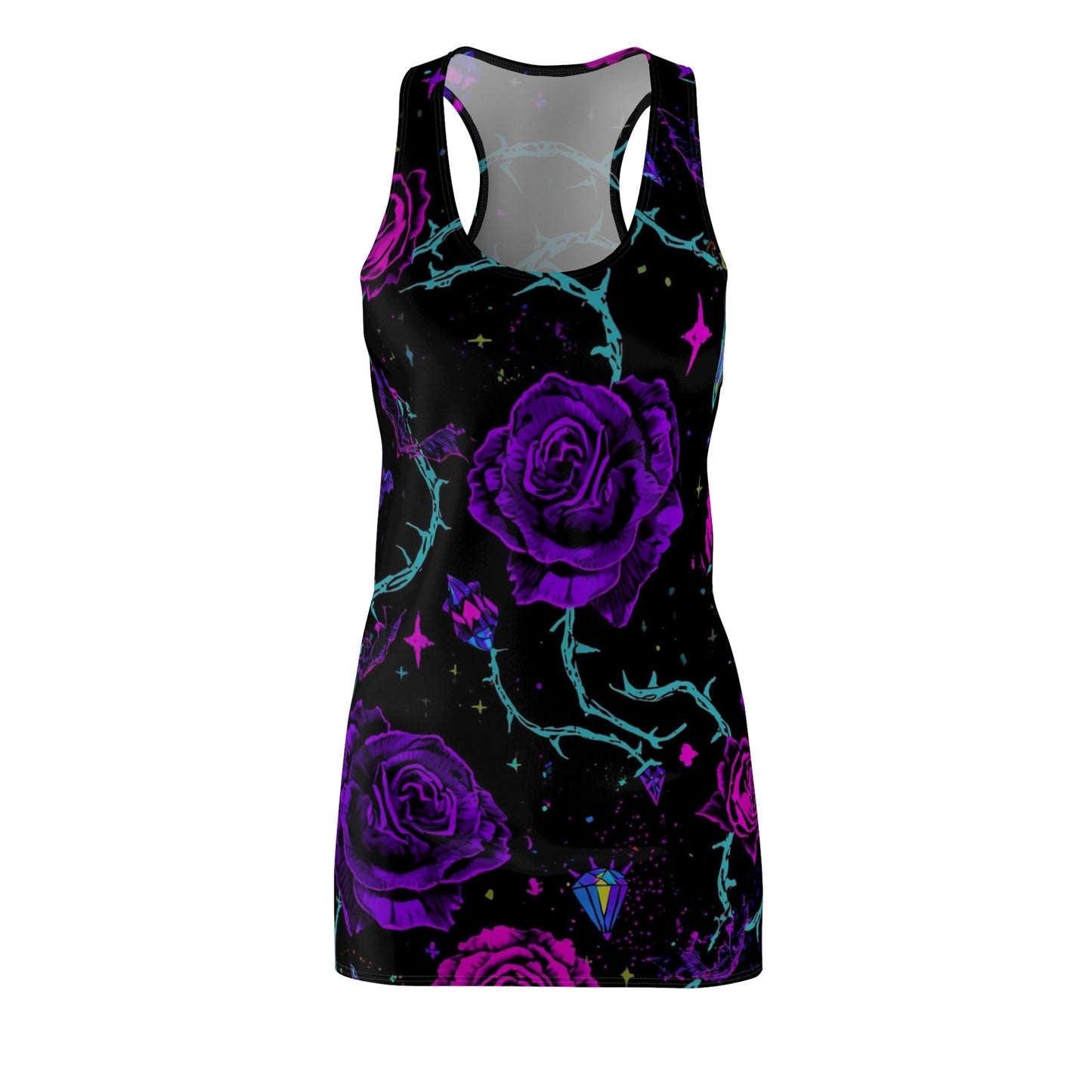 Purple Neon Rose Racerback Dress — Gothic Floral AOP Dress
