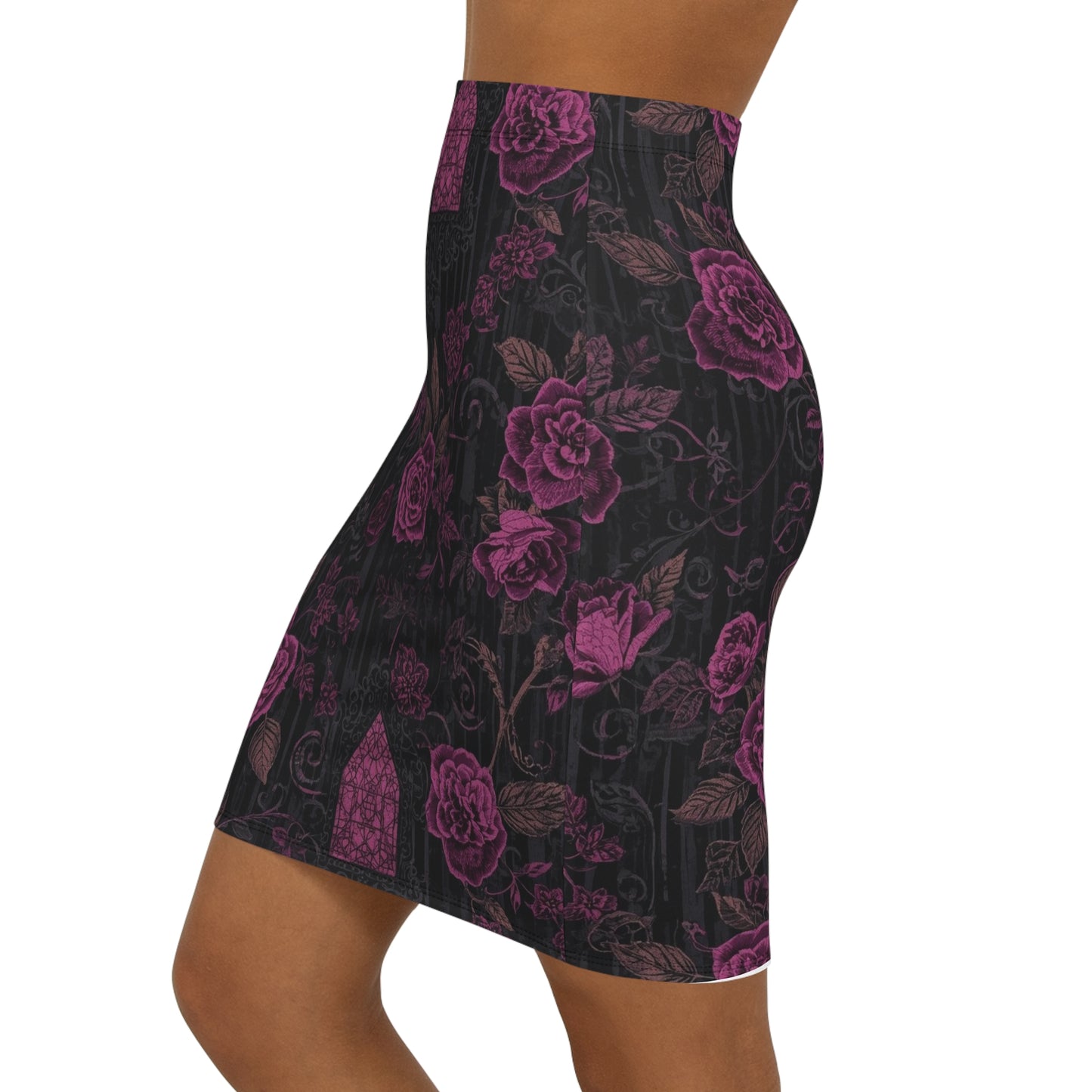 Purple Rose Gothic Pencil Skirt — Floral Mid‑Waist Bodycon