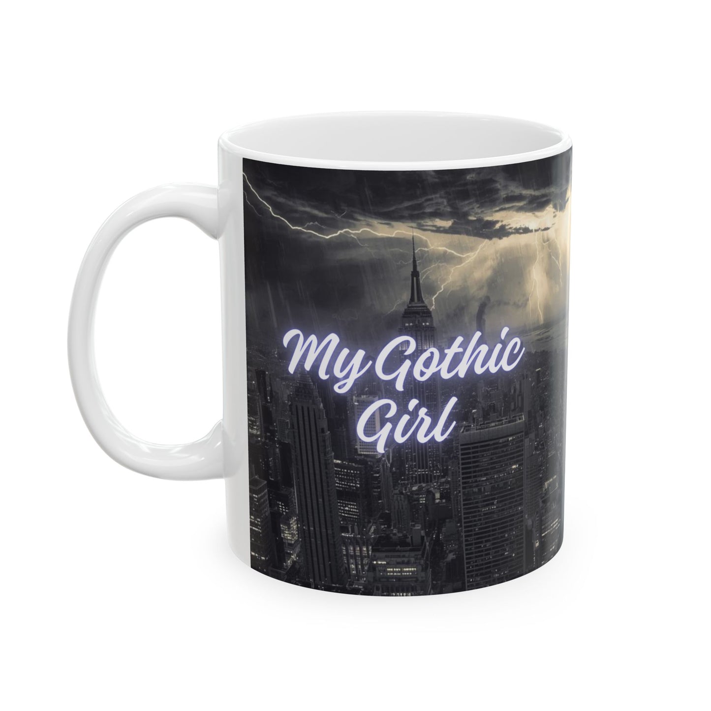 Gothic Angel Ceramic Mug — Moody Cityscape Memorial Coffee Cup (11oz/15oz)