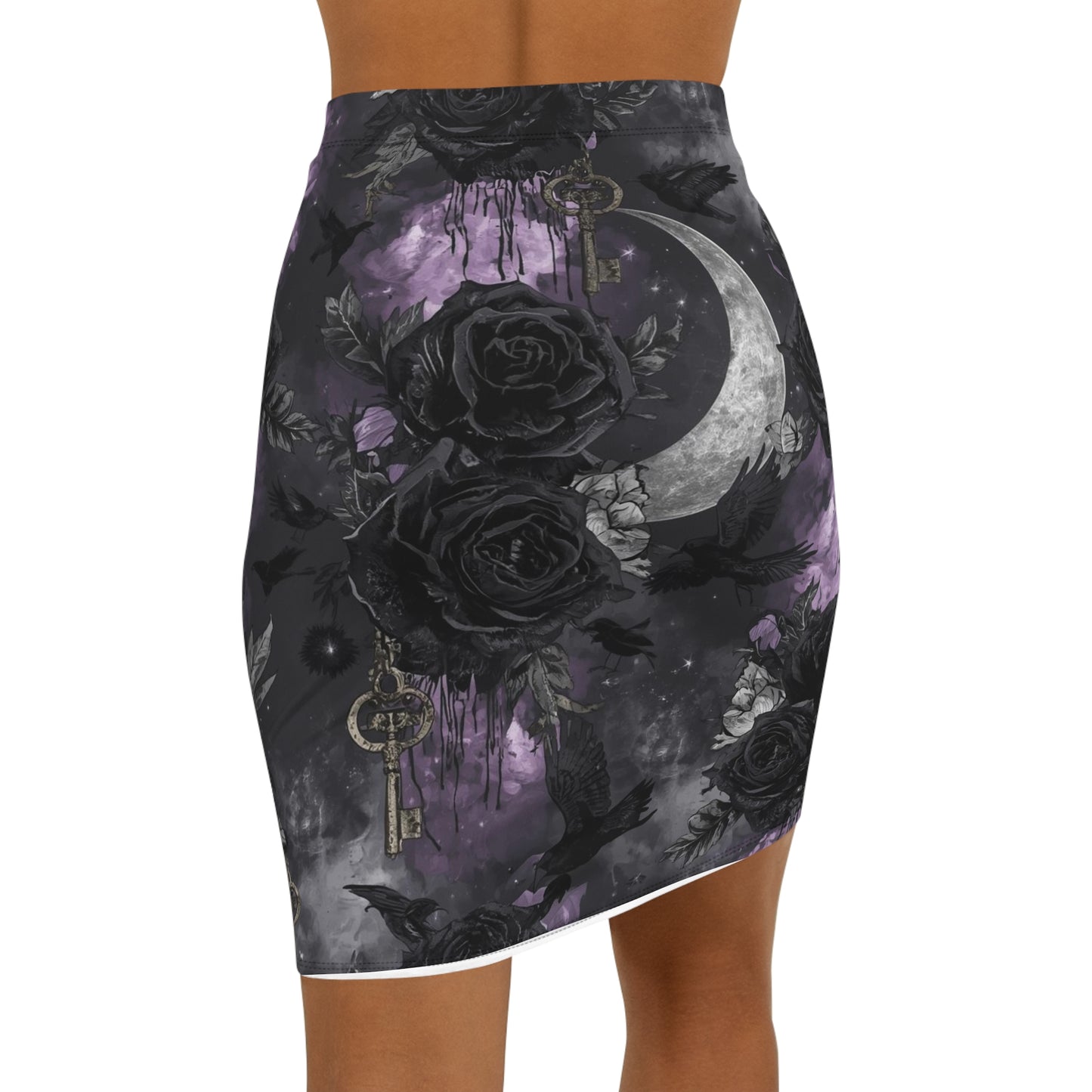 Gothic Moon & Black Rose Pencil Skirt — Dark Floral Crescent Key Print