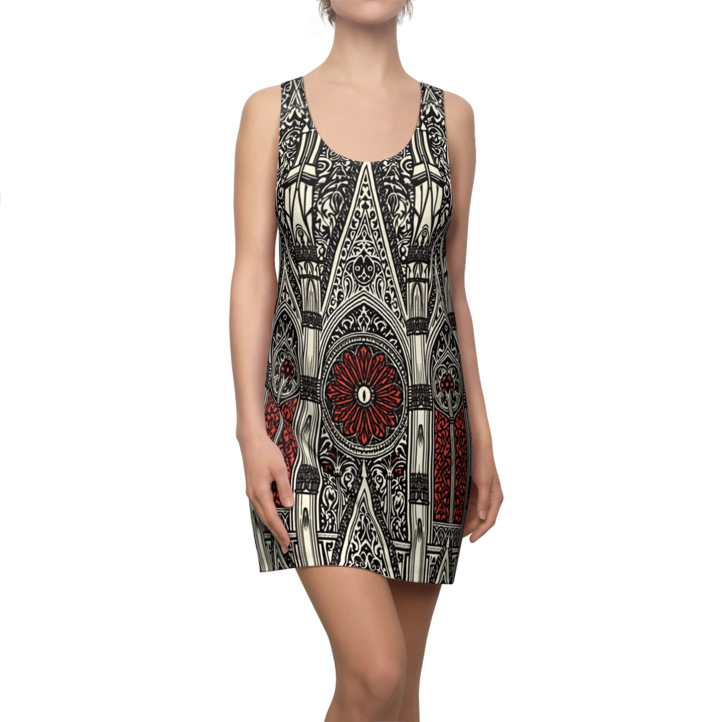 Gothic Stained-Glass Racerback Dress — Red Rose Cathedral Print