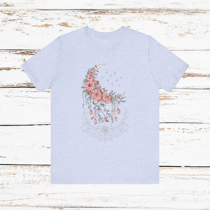 Celestial Goth Crescent Moon Tee with Dripping Florals – Mystic Graphic Art