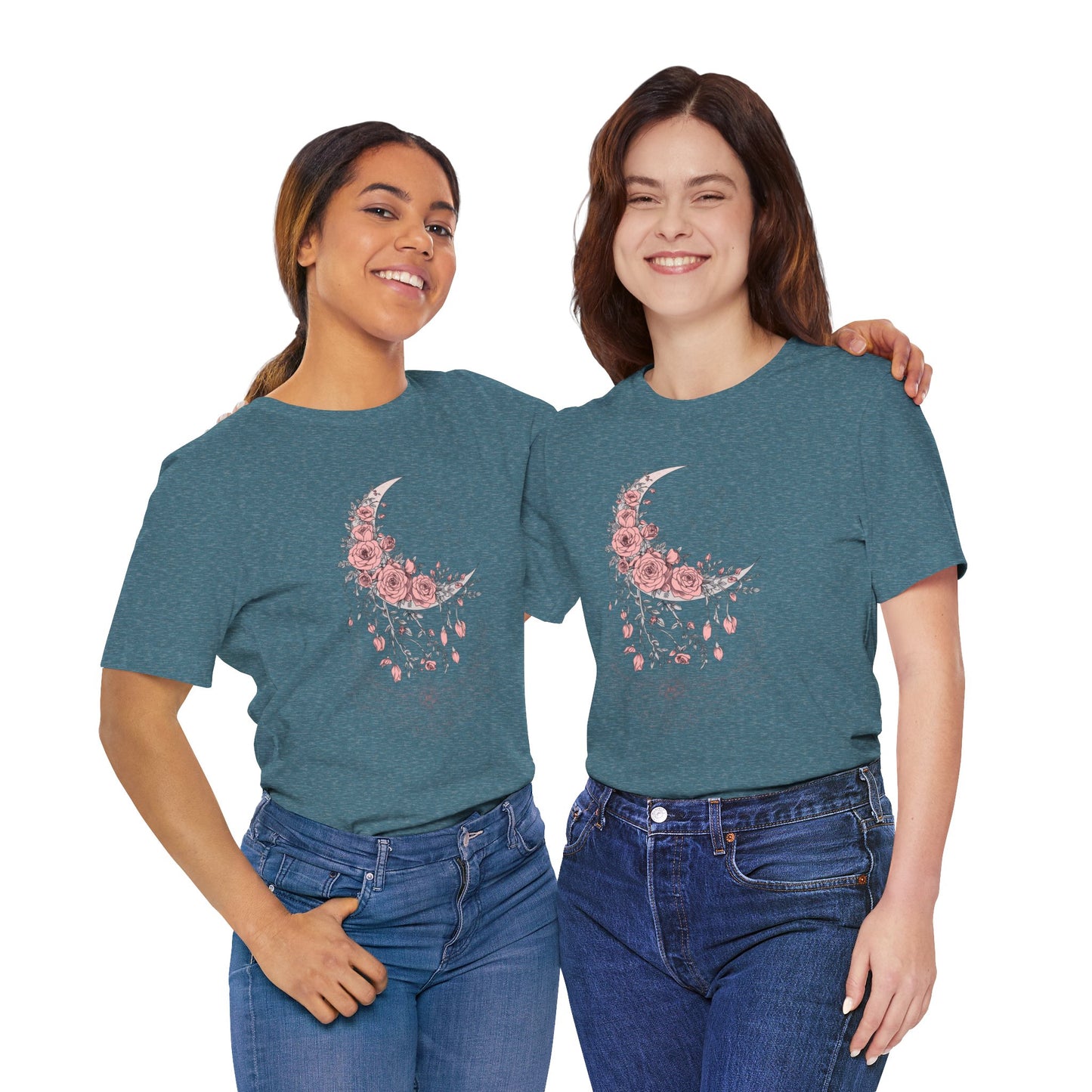 Celestial Goth Crescent Moon Tee with Dripping Florals – Mystic Graphic Art
