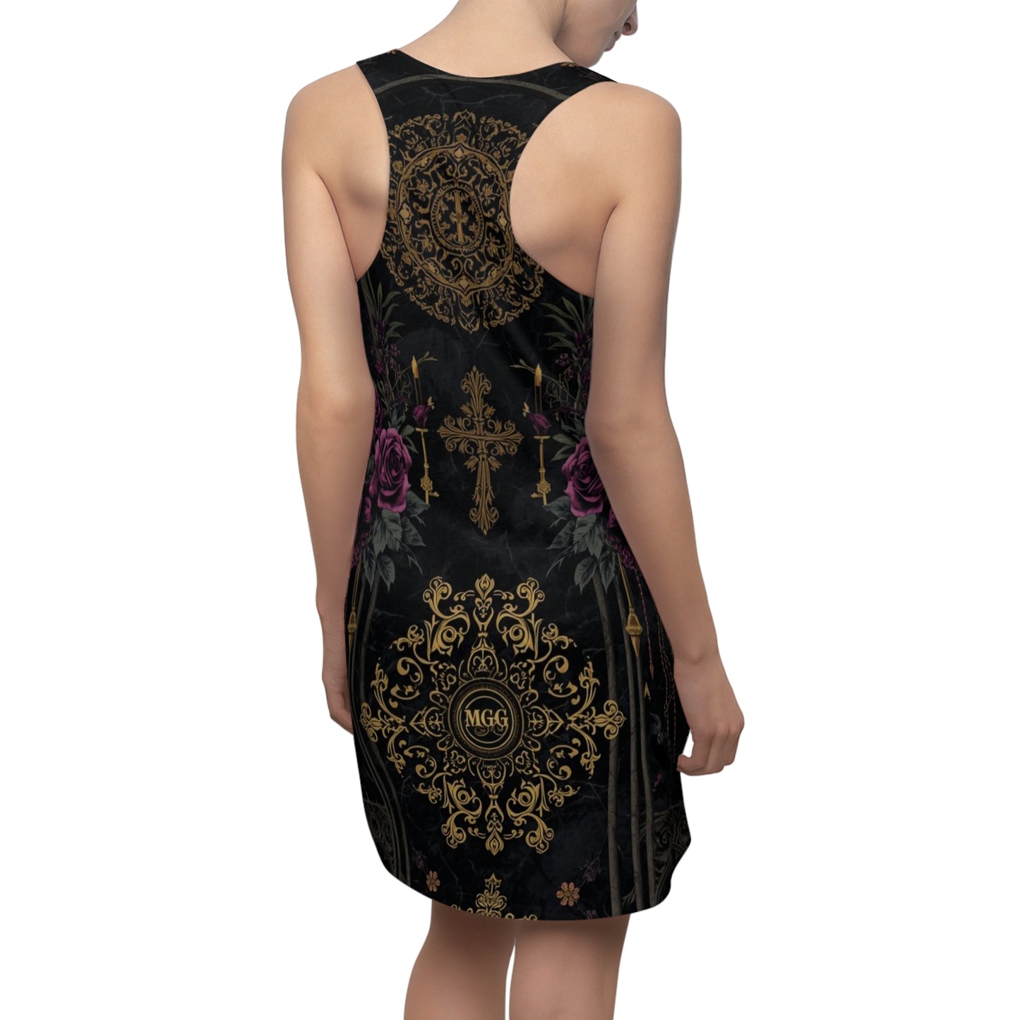 Gothic Rose Racerback Dress — Gold Cross & Velvet Floral AOP
