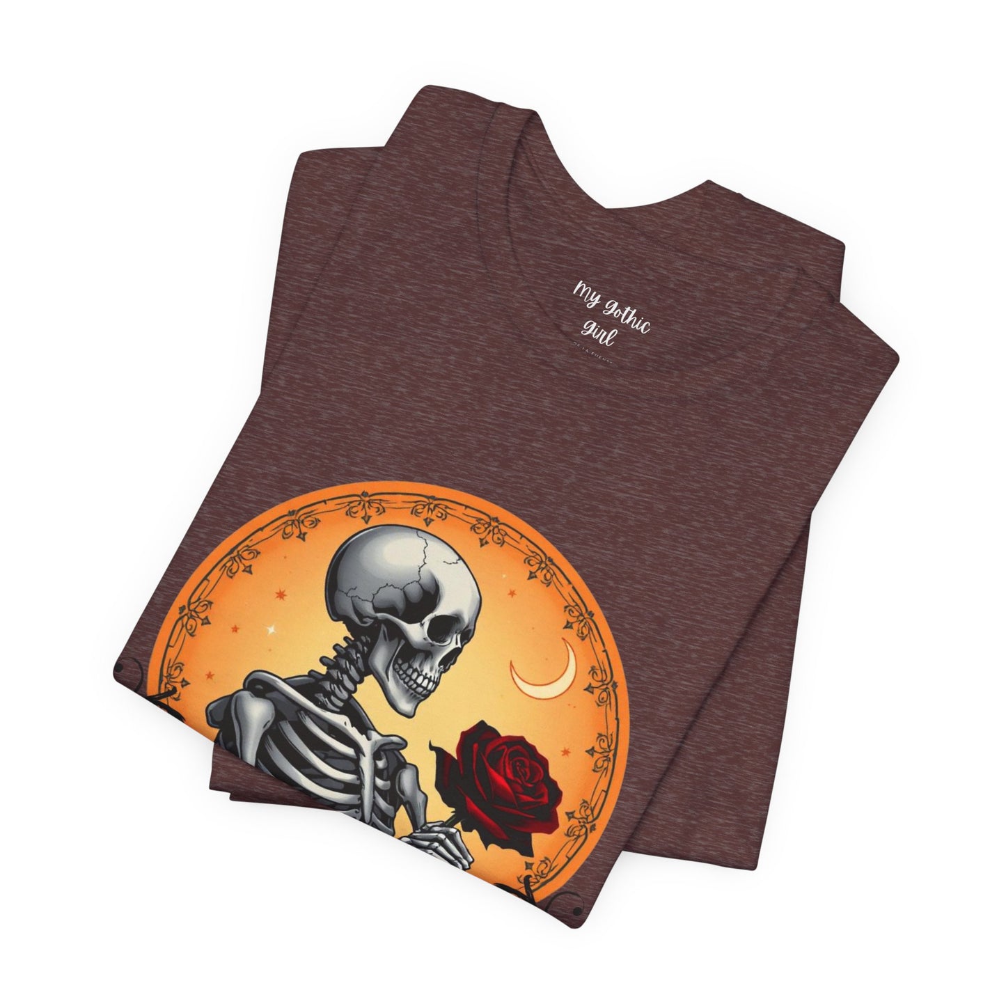 Mystical Gothic Skeleton and Black Rose Under Crescent Moon T-Shirt Design