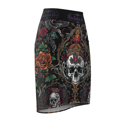 Gothic Skull Crown Pencil Skirt — 'My Gothic Girl' Dark Floral Skull Print