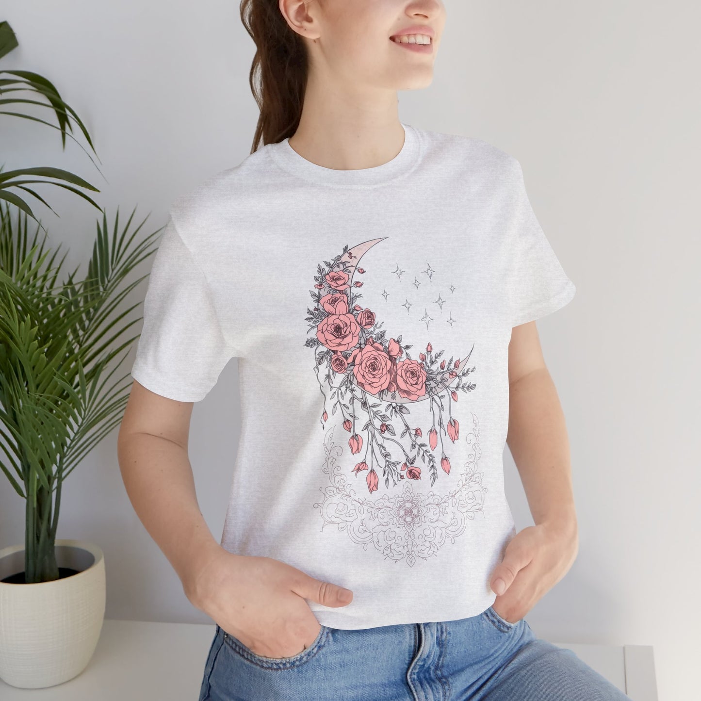 Celestial Goth Crescent Moon Tee with Dripping Florals – Mystic Graphic Art