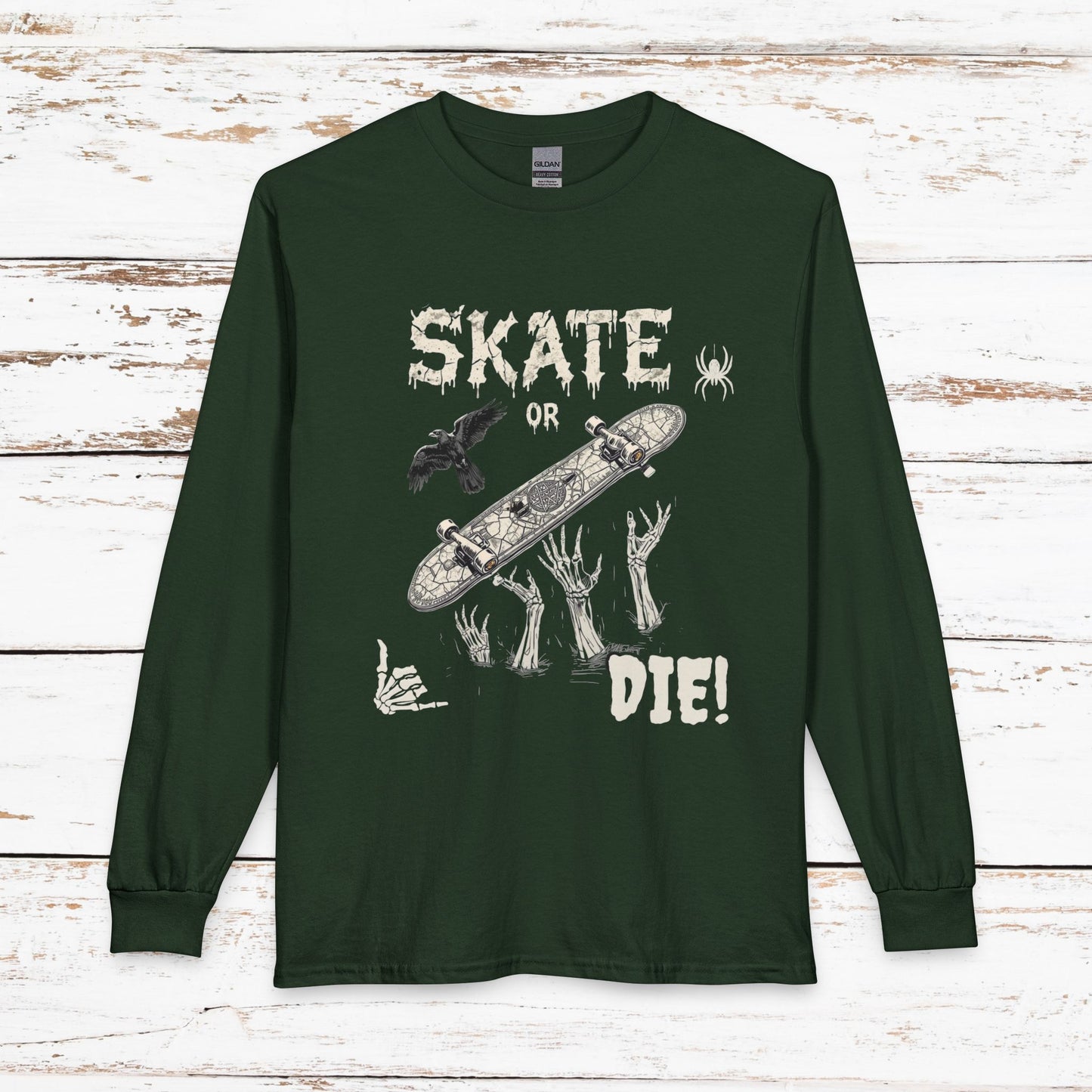 Skate or Die Long Sleeve Shirt — Gothic Skull Skateboard Tee