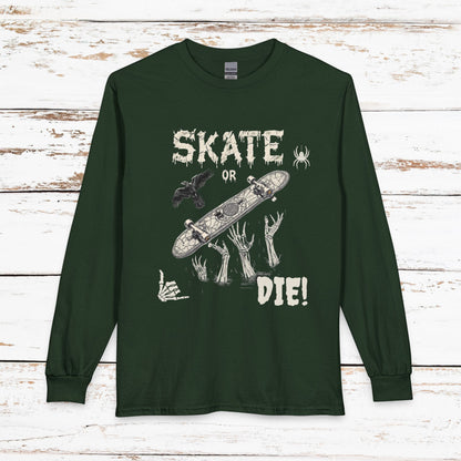 Skate or Die Long Sleeve Shirt — Gothic Skull Skateboard Tee