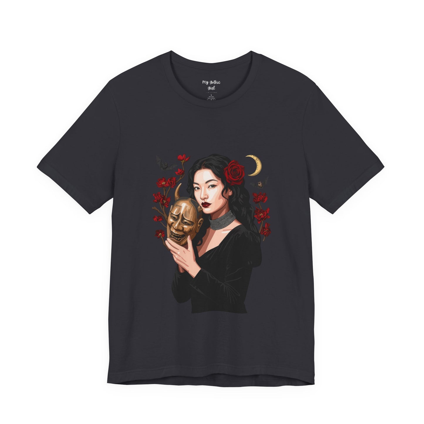 Gothic Rose Maiden Tee — Woman with Mask & Crescent Moon Graphic T-Shirt