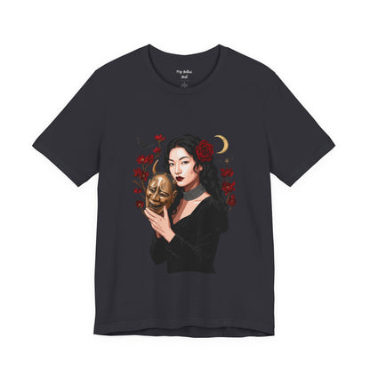 Gothic Rose Maiden Tee — Woman with Mask & Crescent Moon Graphic T-Shirt