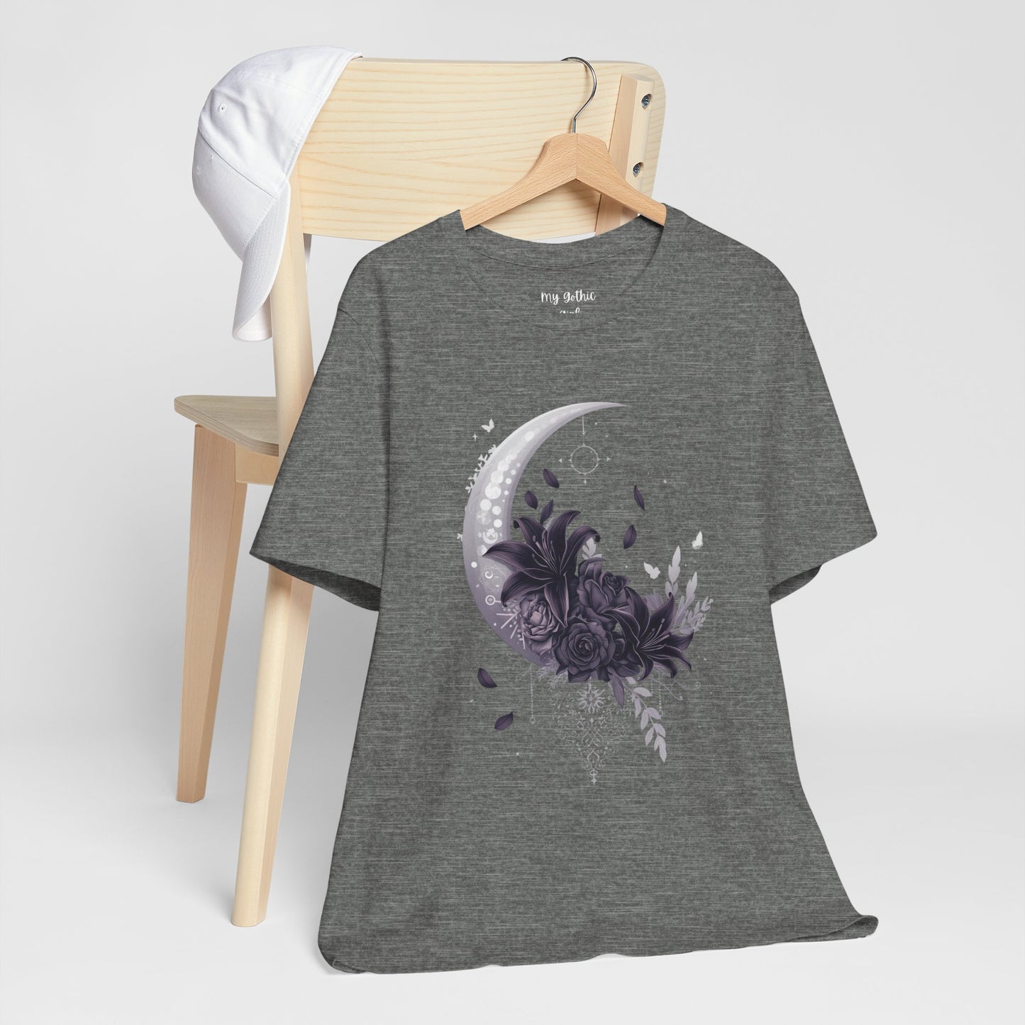 “Moonlit Bouquet & Sacred Soft Goth Symbol” Moonlit Bouquet Unisex Tee - Soft Goth Symbol Floral Design