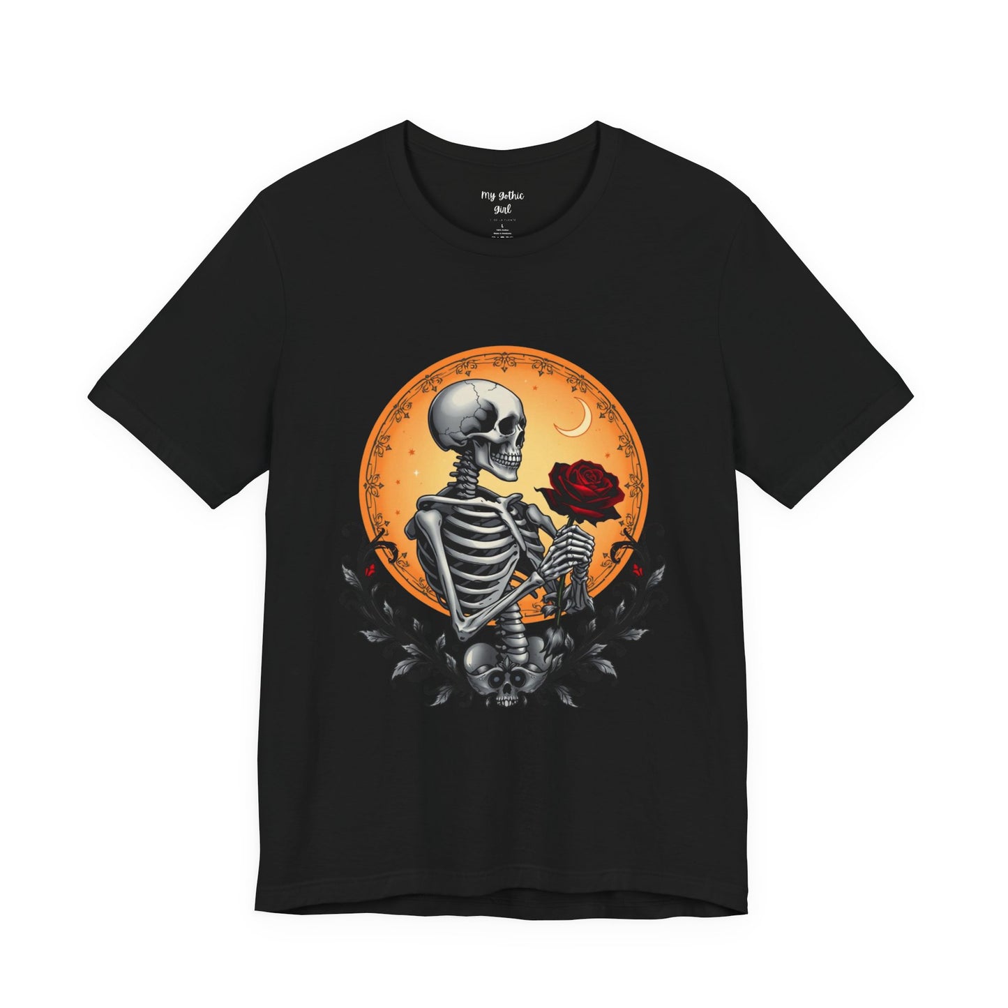 Mystical Gothic Skeleton and Black Rose Under Crescent Moon T-Shirt Design
