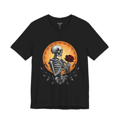 Mystical Gothic Skeleton and Black Rose Under Crescent Moon T-Shirt Design
