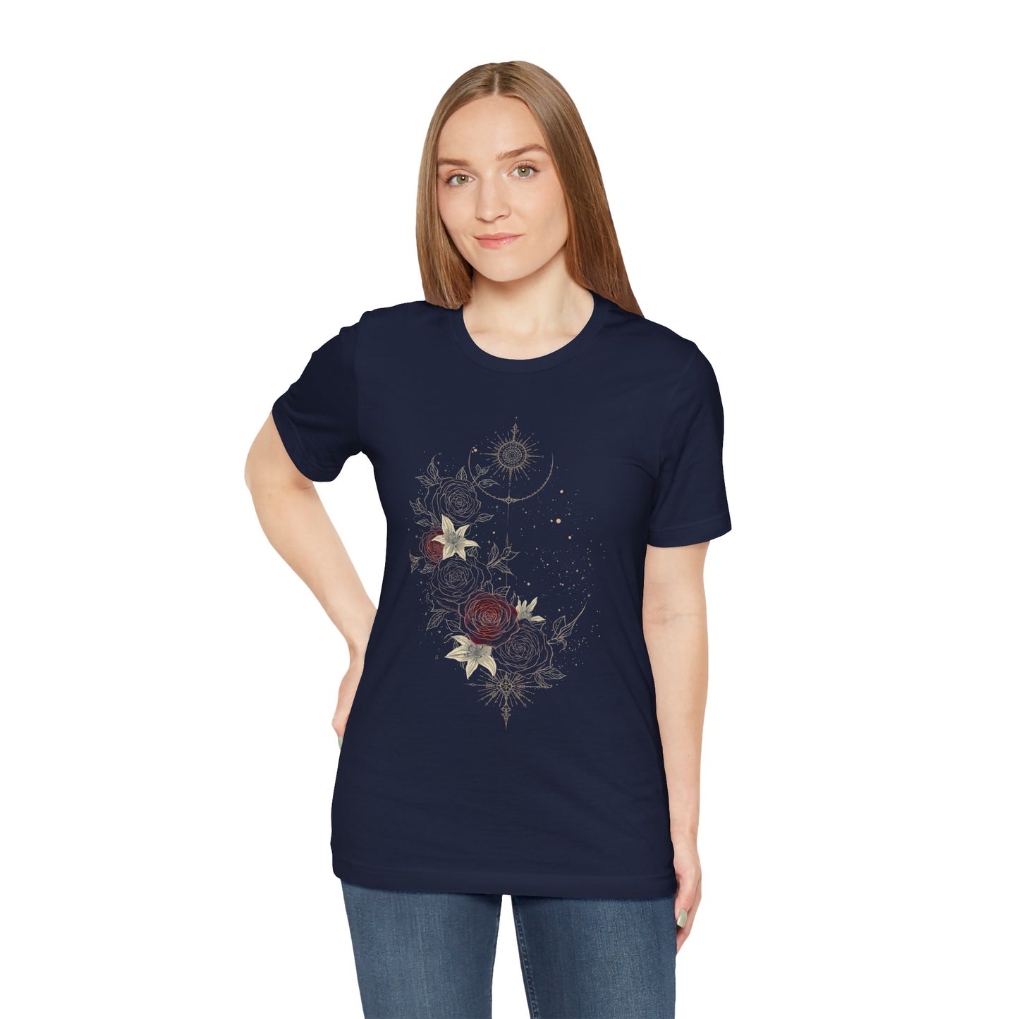 “Dark Floral Moon & Ornamental Geometry” T-Shirt Dark Floral Moon Ornamental Geometry Unisex Jersey Short Sleeve Tee
